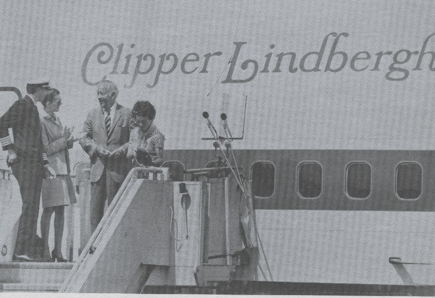 1977 Anne Morrow Lindbergh christens a Boeing 747SP after her late husband, Charles Lindbergh who was a Pan Am consultant from the late 1920s until his death.  The Lindberghs were personal friends of Pan Am founder Juan Trippe and his wife Betty Trippe.